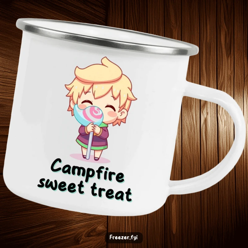 Funny camping mug with a character joyfully spinning a frozen lollipop stick, perfect for outdoor lovers who appreciate humor and sweetness.