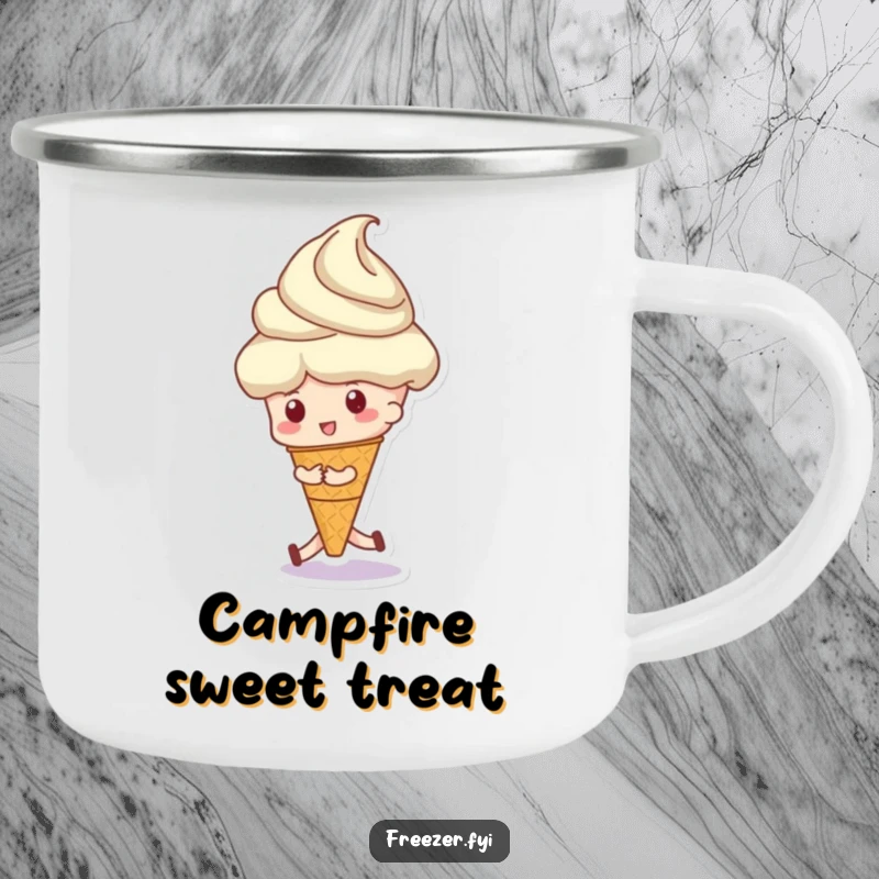 Funny camping mug showing a character pushing a giant ice cream scoop, perfect for outdoor enjoyment and dessert humor.