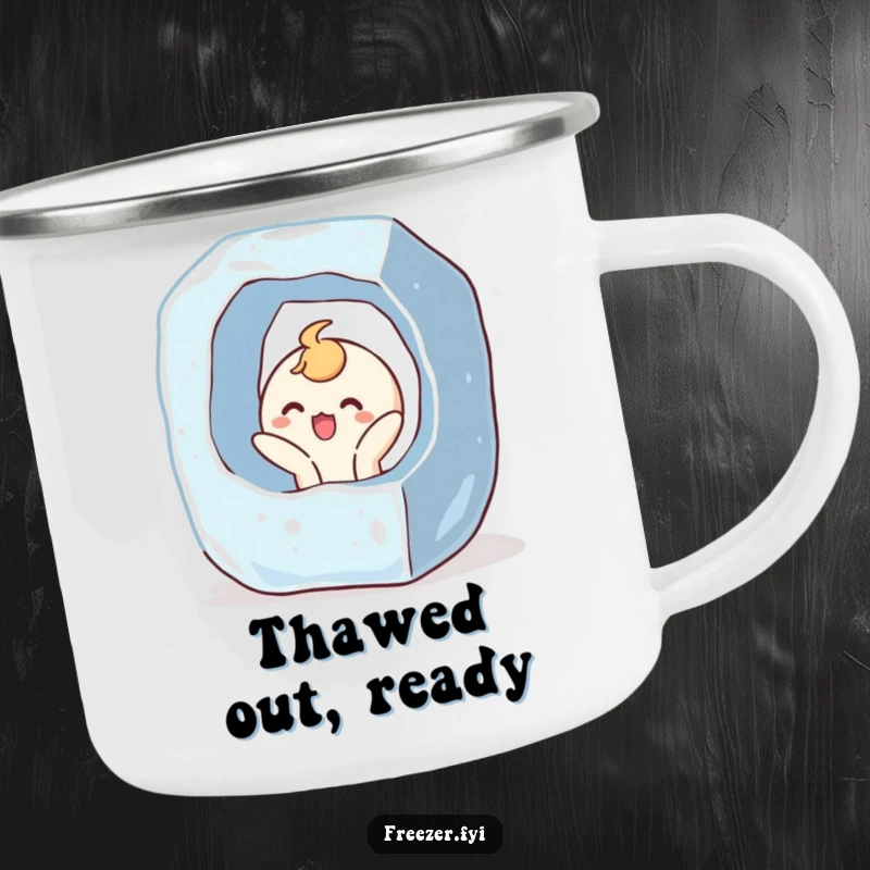 Funny camping mug featuring a character bursting out of a giant ice cube with a surprised, joyful expression, perfect for outdoor humor.