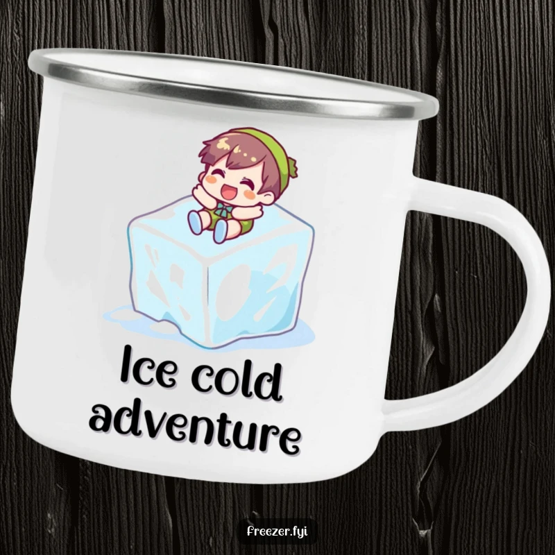 Funny camping mug showcasing a character sliding down an ice cube, ideal for enjoying beverages outdoors with a cool, humorous theme.
