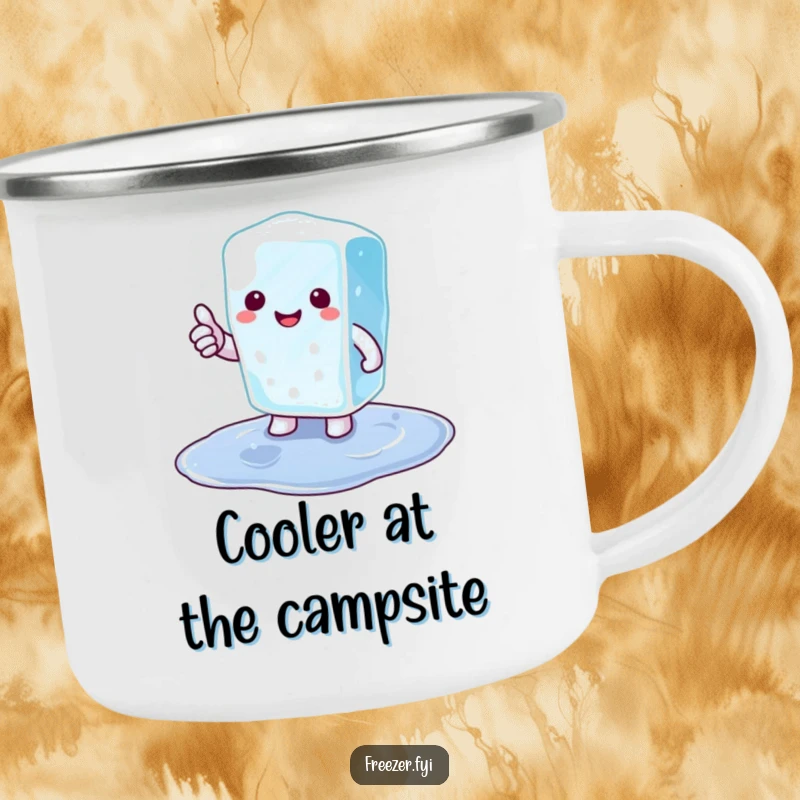 Funny ice cube camping mug featuring a happy cartoon ice cube giving a thumbs up from a puddle, perfect for outdoor enjoyment.