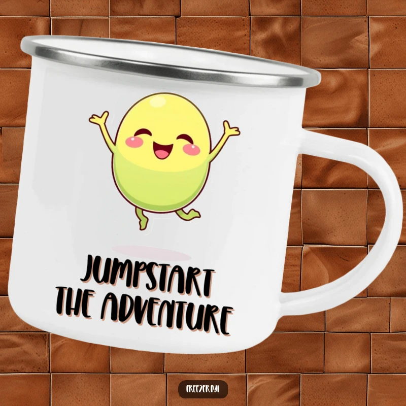 Funny pea pod camping mug featuring a cheerful character joyfully mid-jump, durable for outdoor adventures.