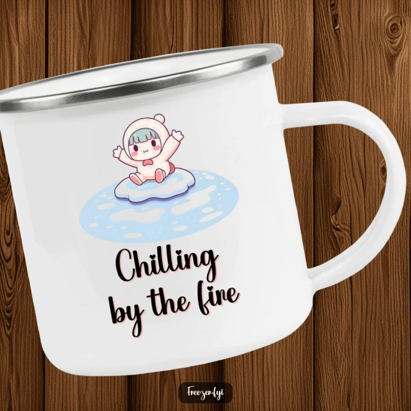 Funny camping mug featuring a character mid-slide on a frozen puddle, arms out, ready for any adventure, even slippery ones.