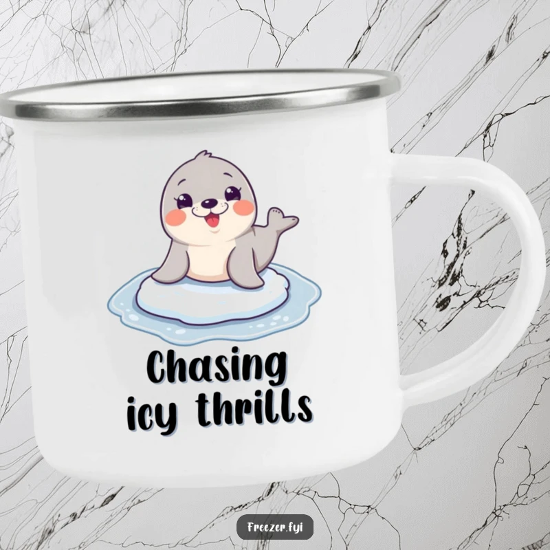 Funny seal character sliding happily on ice, wide grin, on a rugged camping mug for outdoor fun.