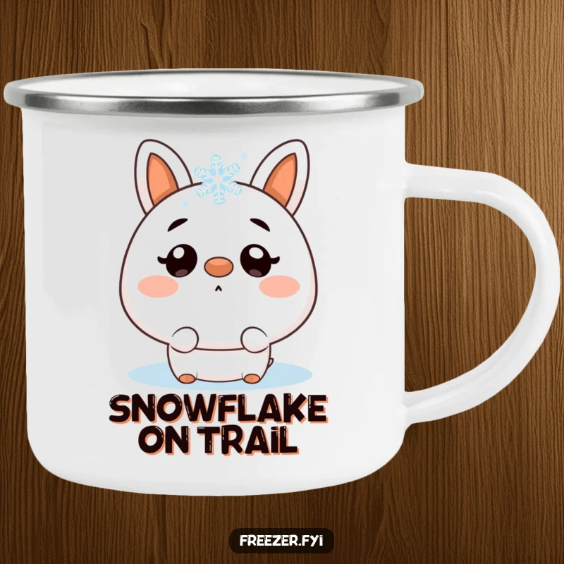 Funny camping mug showing a character surprised by a snowflake on its nose, perfect for cold-weather camping and humor.