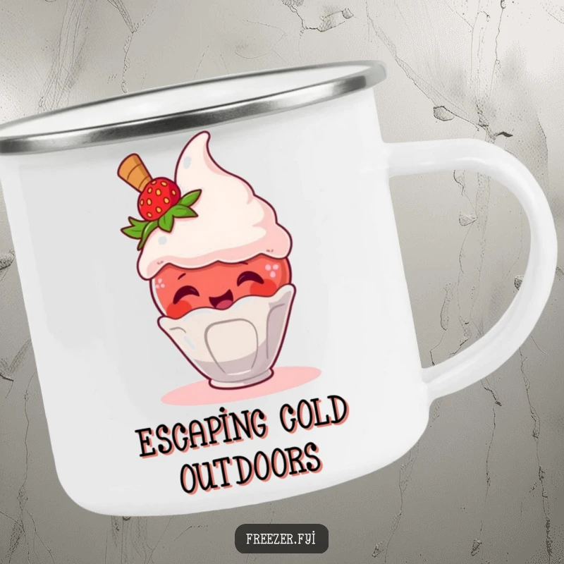 Funny camping mug with a giggling strawberry escaping an ice cream scoop, perfect for outdoor adventures.