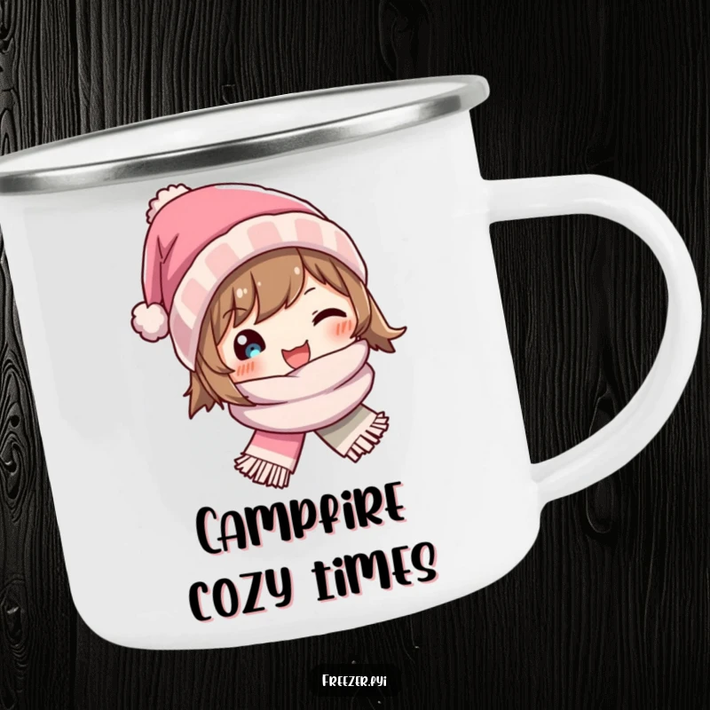 Funny camping mug depicting a character joyfully wearing a tiny winter hat and scarf, for enjoying drinks outdoors.