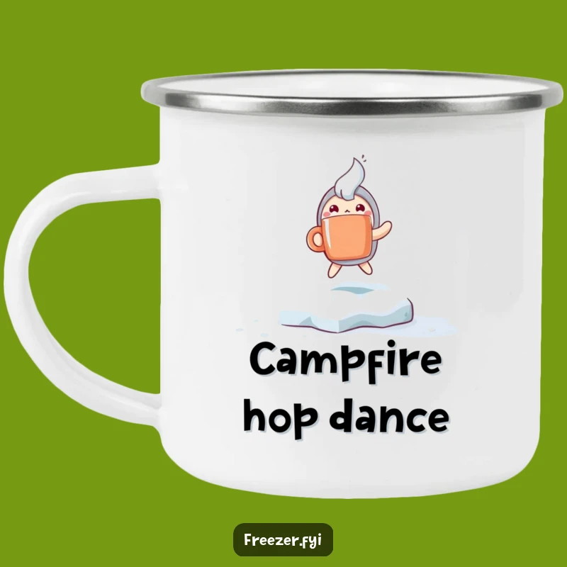 Funny Winter Warmth Camp Mug: Excited Character Hops with Steaming Mug