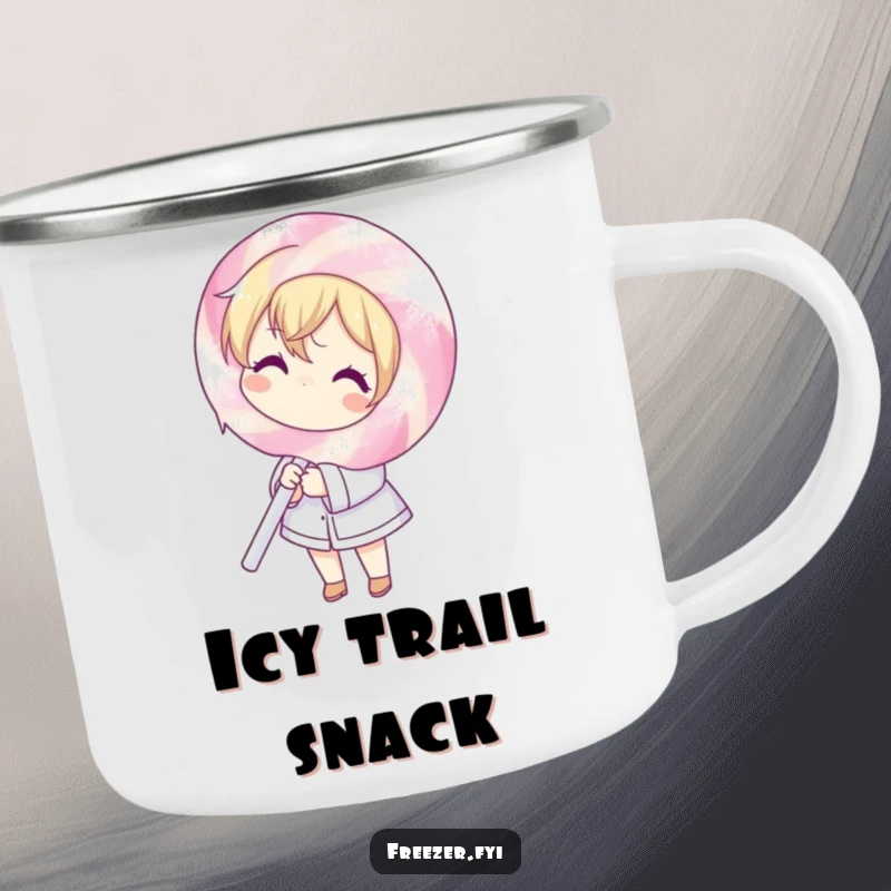 Funny camping mug illustration of a character holding a huge, frost-covered lollipop, designed for humorous outdoor enjoyment and sweet drinks.