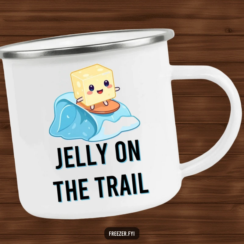 Funny camping mug featuring a wobbly jelly cube surfing on a tiny frozen wave, outdoor humor.