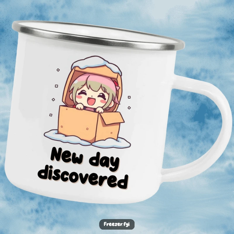 Funny camping mug showing a character popping out of a frozen box with delight. Durable and hilarious outdoor drinkware.