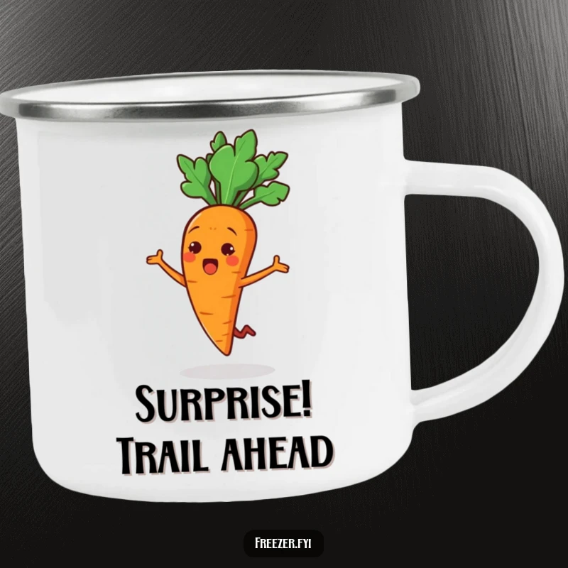 Funny camping mug featuring a cheerful carrot stick character doing a surprised little jump, perfect for enjoying drinks outdoors with humor.