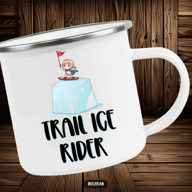 Funny camping mug with a cheerful tiny character surfing a giant ice cube, holding a small flag, durable and humorous for outdoor use.