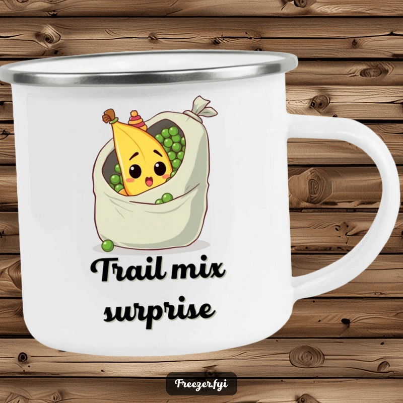 Funny camping mug featuring a surprised banana with a tiny hat, peeking from behind a giant bag of peas, outdoor humor.