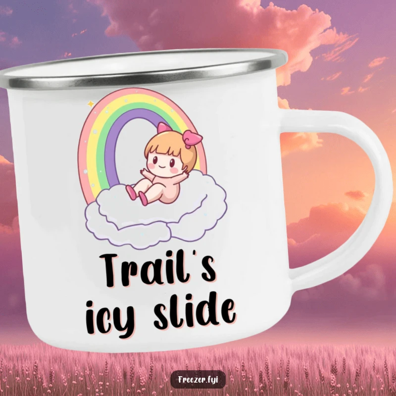 Funny enamel camping mug with a character happily sliding down a rainbow made of frost, perfect for adventurous winter humor.