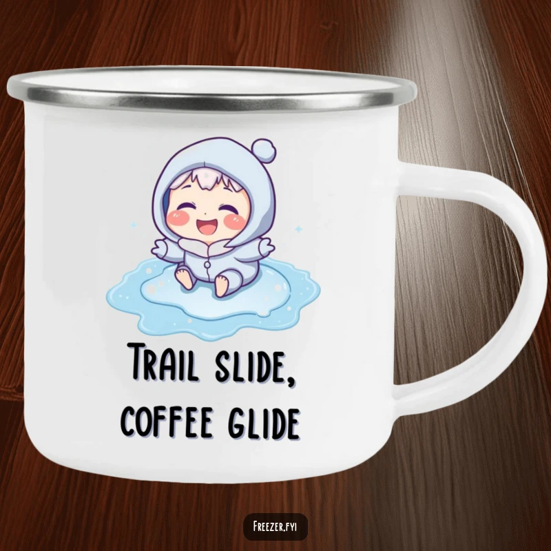 Funny camping mug featuring a laughing character with icy blue cheeks sliding on a frozen puddle, perfect for outdoor humor and enjoyment.