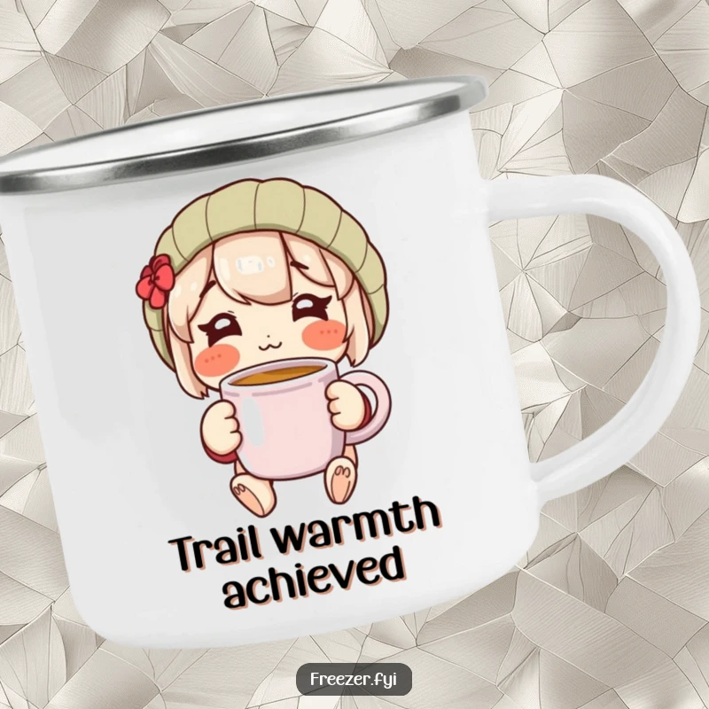 Funny camping mug featuring a rosy-cheeked character happily holding a warm mug, perfect for cozy outdoor beverage enjoyment.
