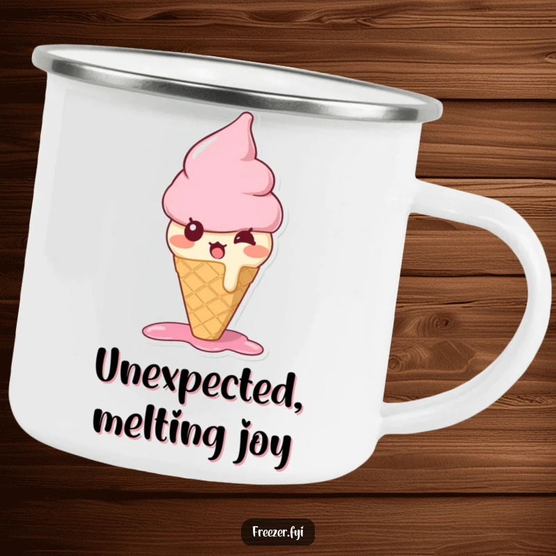 Funny ice cream cone camping mug with a bewildered character melting slightly with surprise, perfect for outdoor sweet treats.