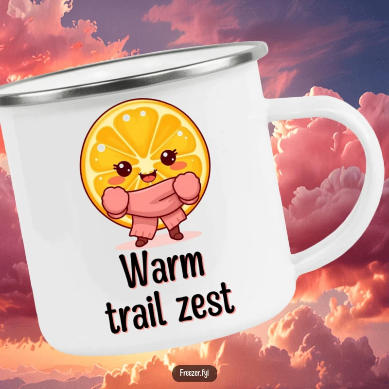 Funny camping mug with a joyful orange slice character in winter attire, perfect for outdoor adventures.