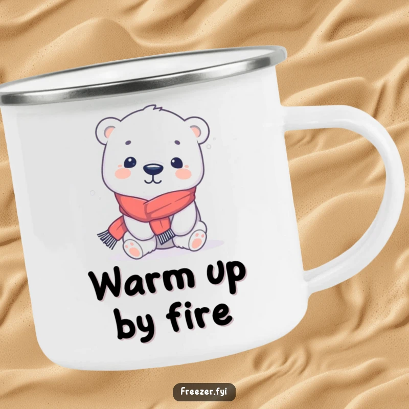 Funny polar bear camping mug with a kawaii character in a tiny scarf, playfully shivering, perfect for outdoor cozy drinks.