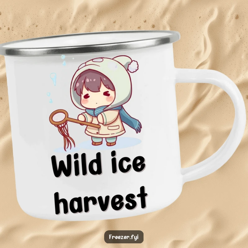 Funny camping mug with a character playfully trying to catch falling icicles with a small net, perfect for outdoor enjoyment.