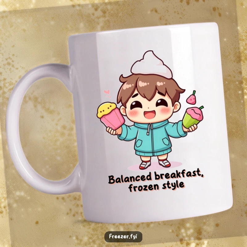 Funny mug featuring a character smiling while juggling colorful frozen foods, a humorous gift for food lovers.