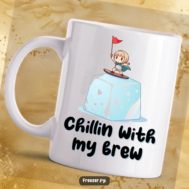 Funny mug featuring a cheerful tiny character surfing a giant ice cube, waving a small flag, perfect for a cool and humorous gift.