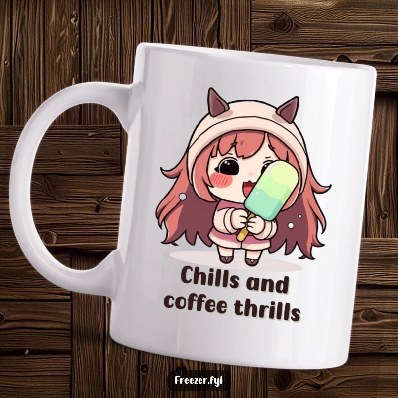 Funny mug showing a character with rosy cheeks shivering dramatically while clutching a small popsicle, indicating a funny, cold treat dilemma.