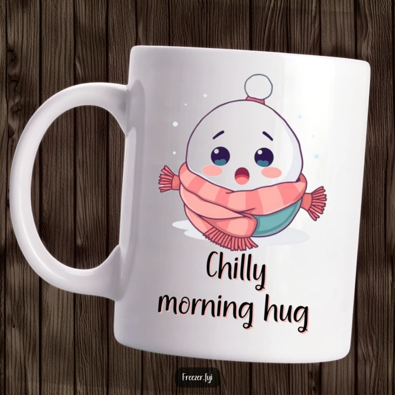 Funny mug with a surprised snowball character tumbling headfirst into a soft, cozy scarf, embodying winter mishaps.