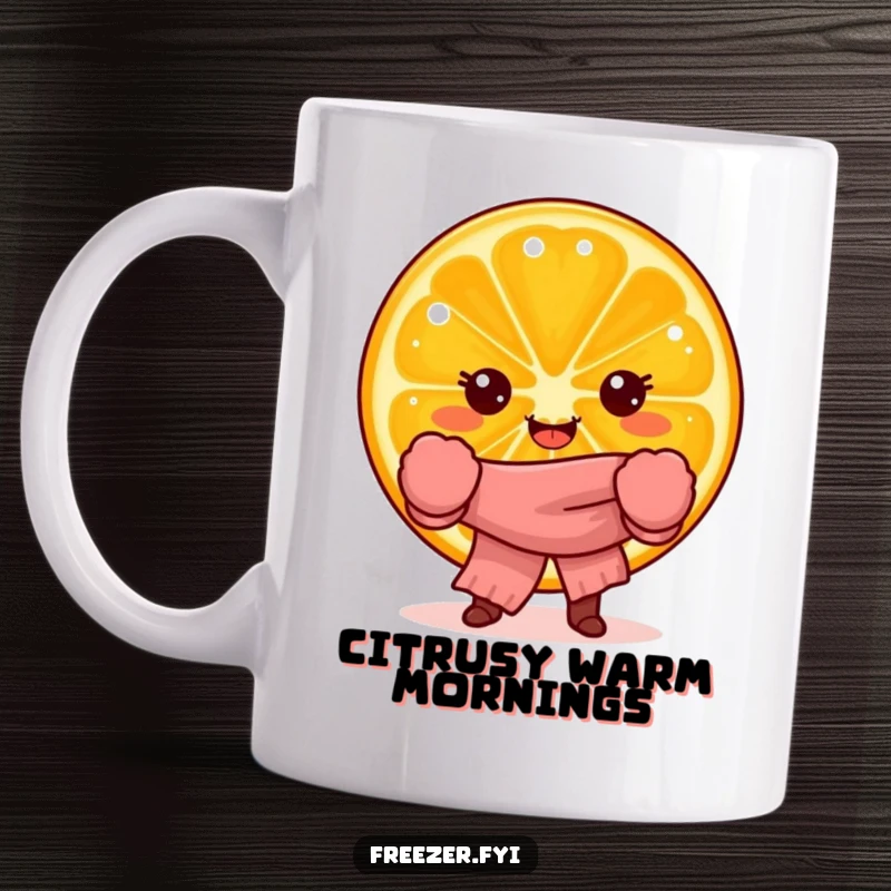 Funny mug showing a joyful orange slice character wearing tiny mittens and a scarf, embodying warmth and citrus humor.