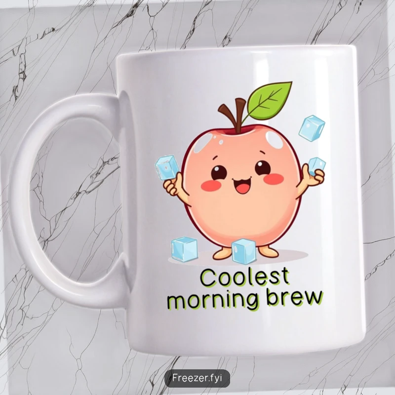 Funny mug depicting a proud apple character skillfully juggling tiny ice cubes, showcasing cool talent and humor.