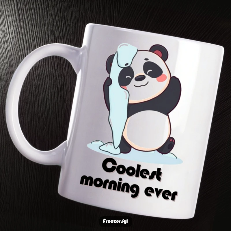 Funny panda mug showing a cute, playful panda hugging a giant icicle, illustrating a funny, cold embrace.