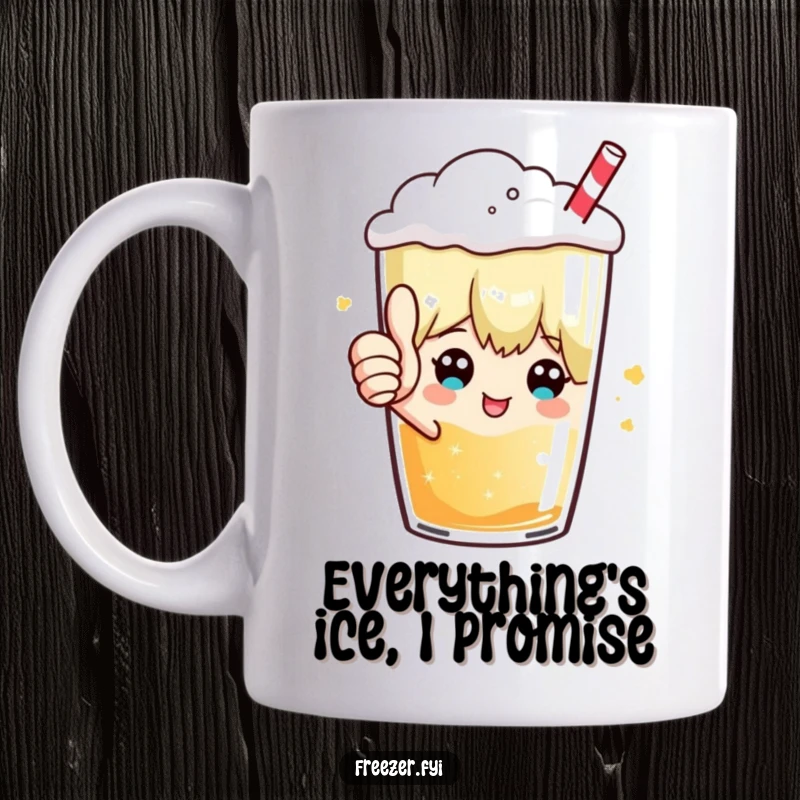 Funny mug with a character giving a thumbs up from inside a frosty beverage, signifying approval and good times with a humorous touch.