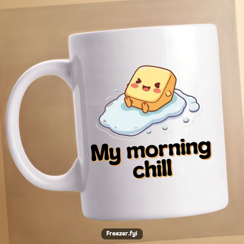 Funny mug featuring a tiny butter pat character joyfully sliding down a frosty, icy surface, bringing pure delight.