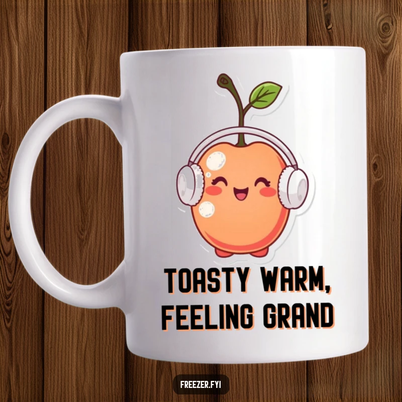 Funny mug featuring a tiny cherry character wearing miniature earmuffs, looking pleased and cozy, perfect for cold weather enjoyment.