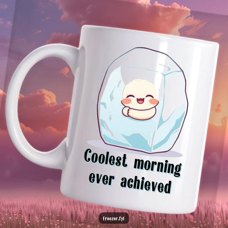 Funny mug showing a small, round character joyfully hugging a large ice cube, a cool and humorous gift.