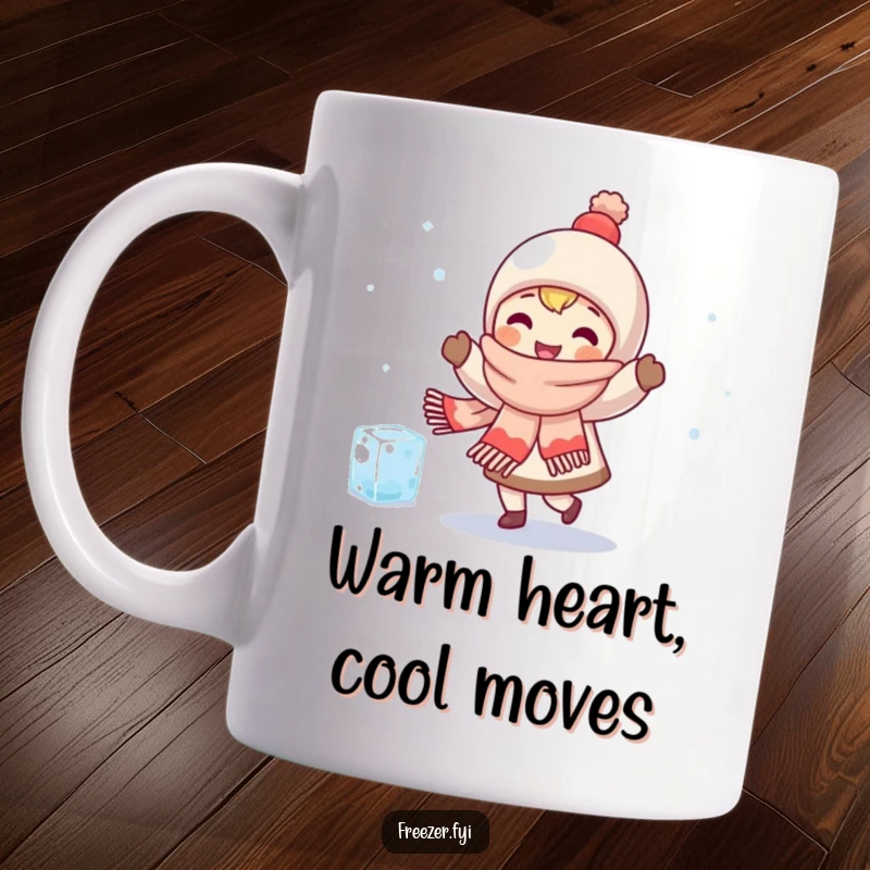 Funny mug showing a character in a thick scarf joyfully dancing with a shivering, small ice cube, representing friendship and warmth.