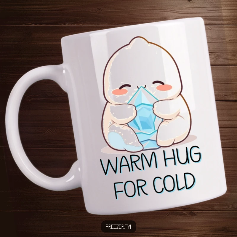 Funny mug featuring a smiling dumpling character giving a warm hug to a tiny, shivering ice crystal, representing comfort and warmth.