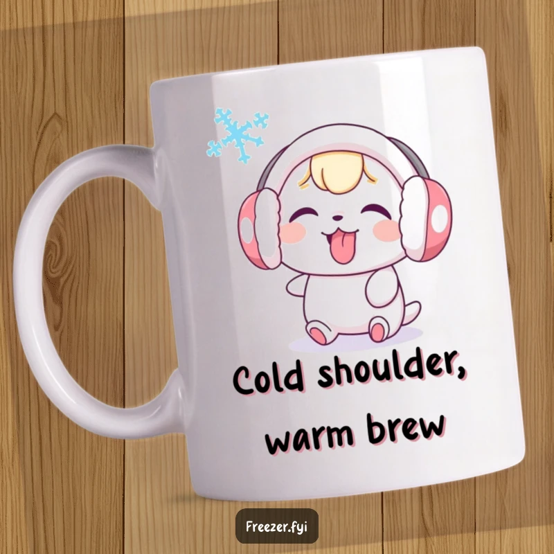 Funny mug with a cute character in earmuffs sticking its tongue out playfully at a swirling snowflake, capturing winter defiance and joy.