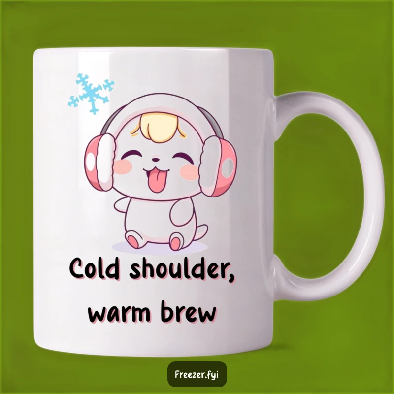 Funny Earmuff Character Mug: Adorable Gift for Winter Lovers with Tongue Out Snowflake Design