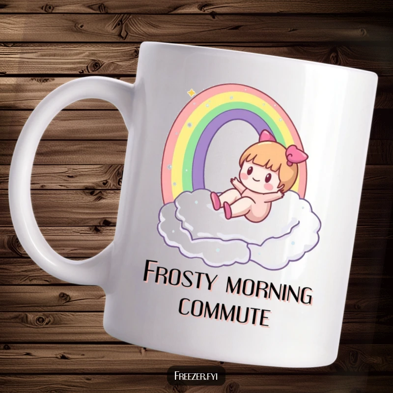 Funny mug depicting a character happily sliding down a vibrant rainbow constructed entirely from glistening frost, symbolizing winter fun.