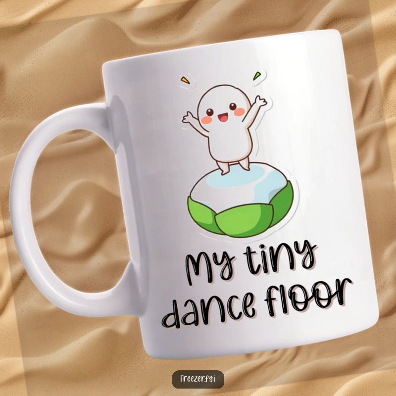 Funny mug showing a joyful character doing a happy dance on a tiny, frozen pea, capturing pure, carefree celebration.