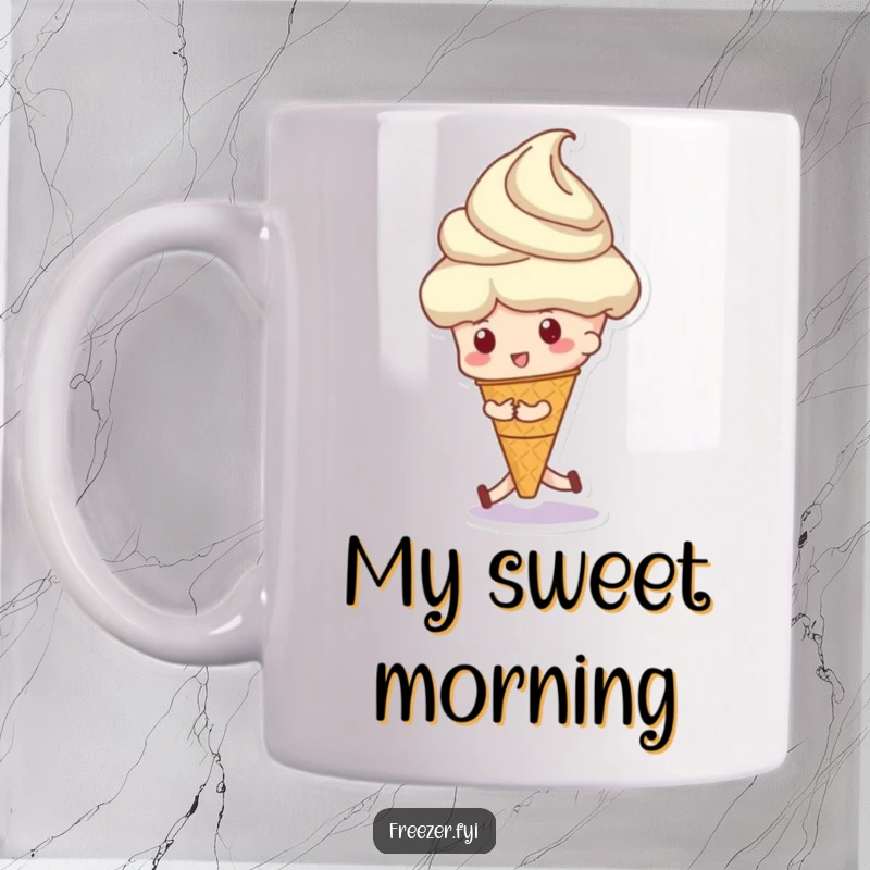 Funny mug showing a character enthusiastically pushing a huge scoop of ice cream, capturing playful indulgence and sweet joy.