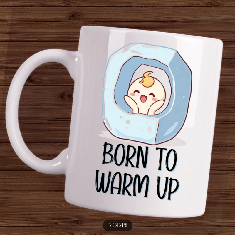 Funny mug depicting a character bursting out of a giant ice cube with a surprised yet joyful expression, symbolizing freedom and excitement.