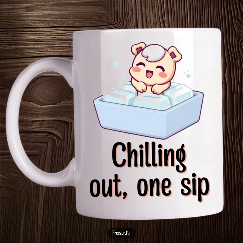 Funny mug with a cute, bubbly character playfully emerging from an ice cube tray, bringing refreshing humor to your day.