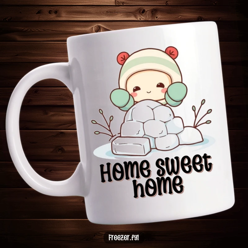 Funny mug shows a happy character wearing mittens, busily building a small igloo from ice blocks, radiating cute winter cheer.