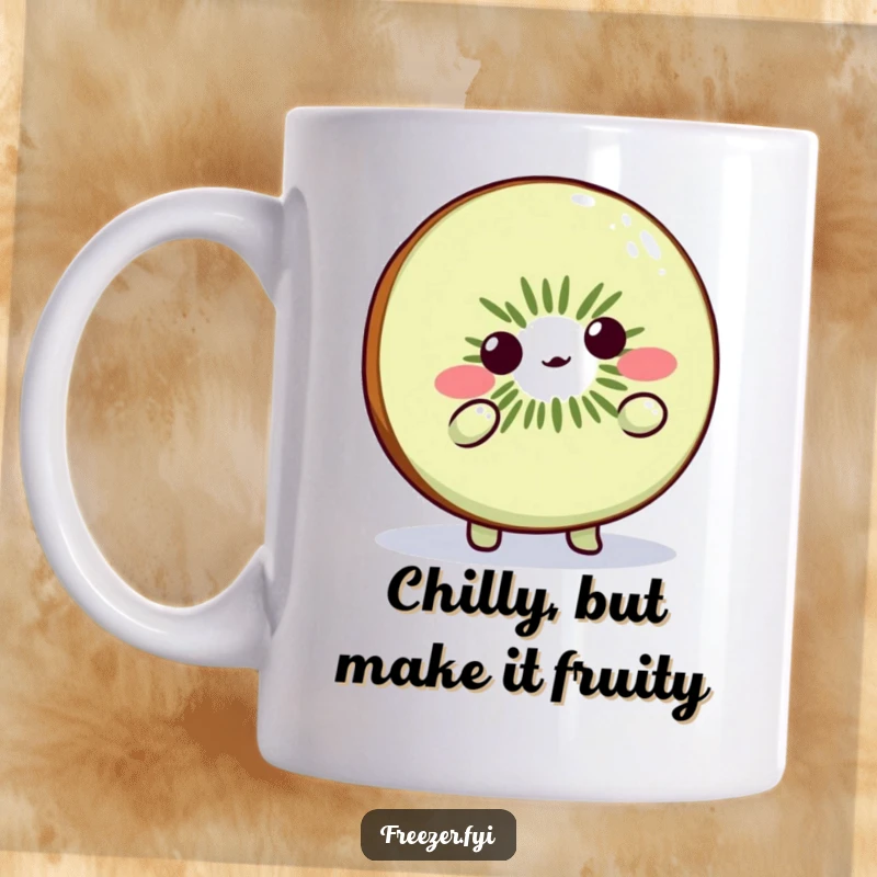Funny Kiwi Slice Mug: Adorable fruit character shrugging playfully, looking cold, perfect for a humorous gift.
