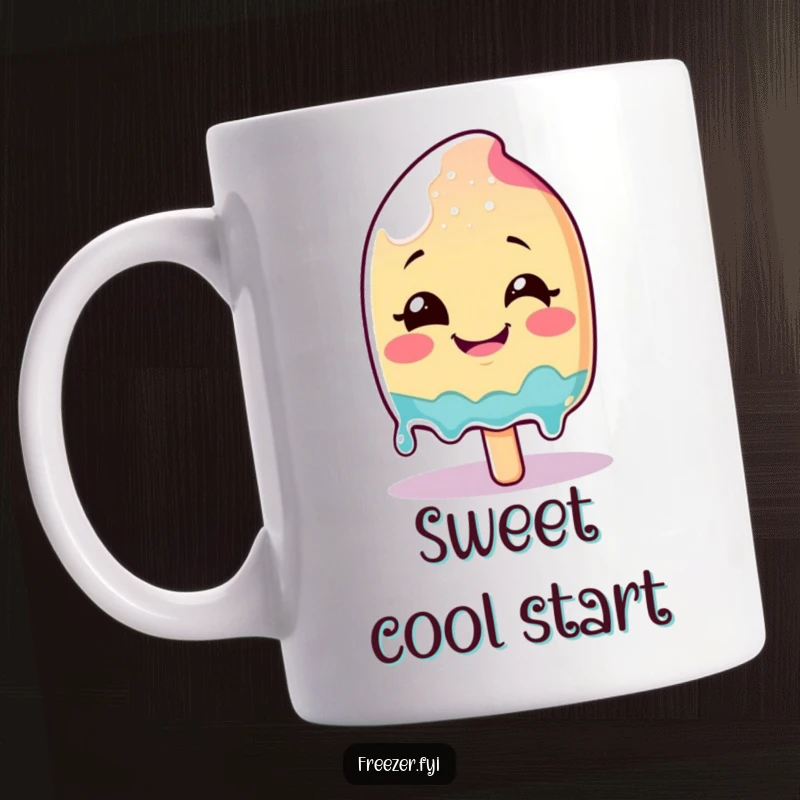 Funny smiling popsicle character melting slightly with glee on a vibrant coffee mug, perfect for summer lovers.