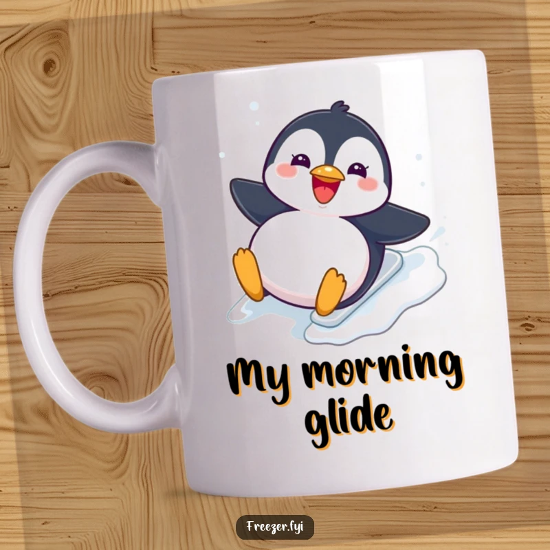 Funny Mug: A chubby, adorable penguin is depicted joyfully sliding down a smooth, icy slope with a big smile and flapping wings.