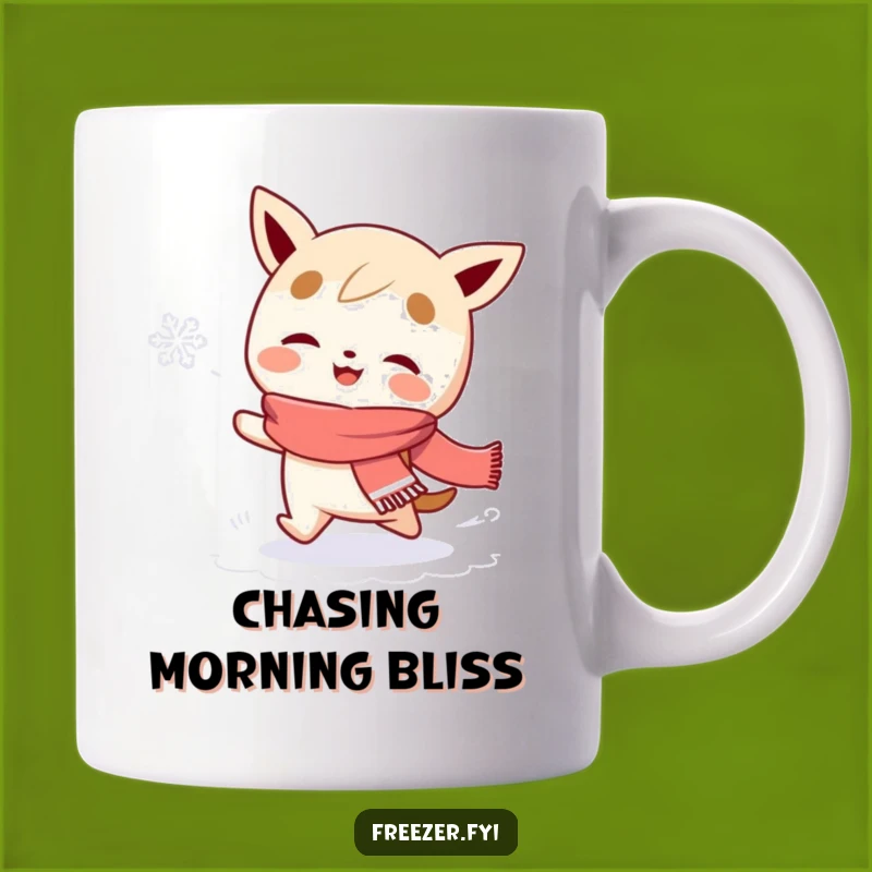 Funny Snowflake Chaser Mug: Scarfed Character's Joyful Pursuit, Whimsical Humorous Gift